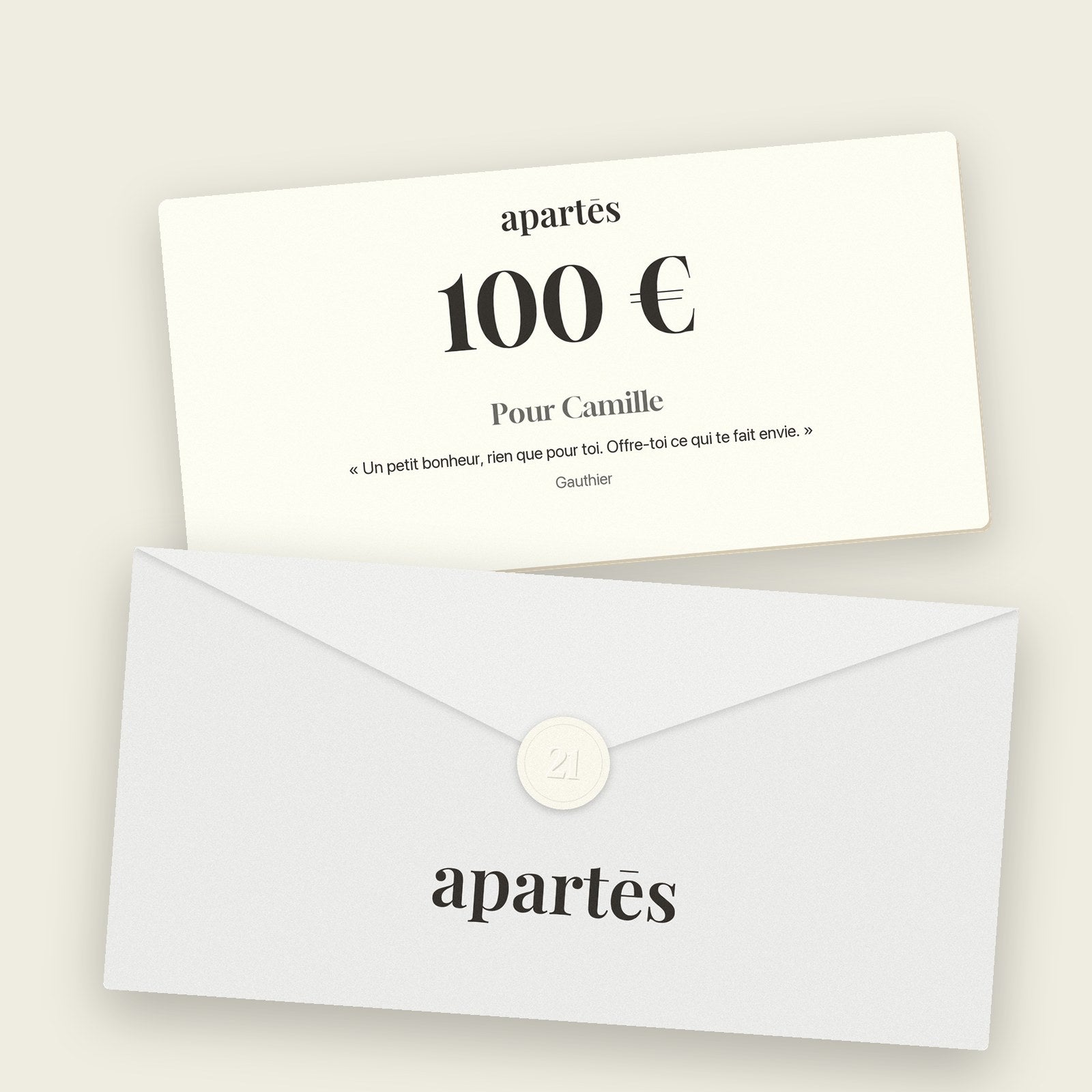 L’enveloppe Apartés, son autocollant gaufré et la carte du bon